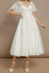 A Line V Neck Short Sleeves Tea Length Satin Wedding Dresses With Appliques Swd13173
