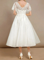 A Line V Neck Short Sleeves Tea Length Satin Wedding Dresses With Appliques Swd13173