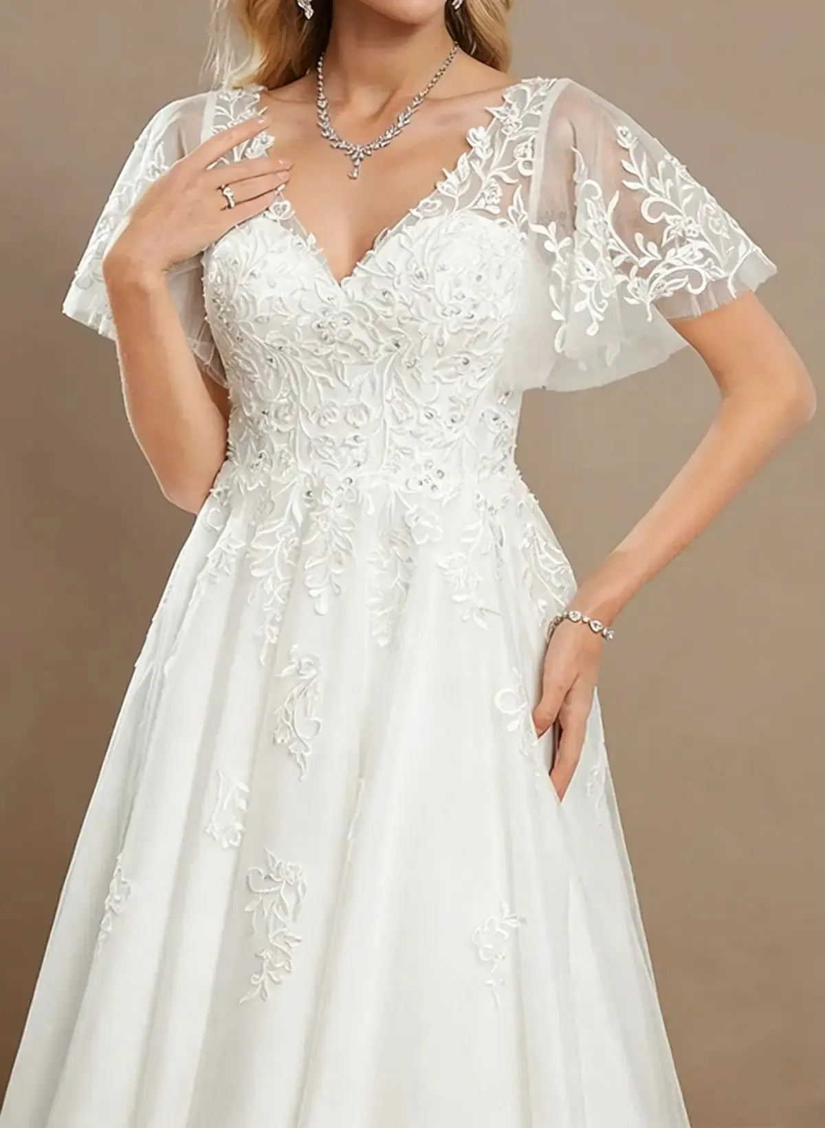 A Line V Neck Short Sleeves Tea Length Satin Wedding Dresses With Appliques Swd13173