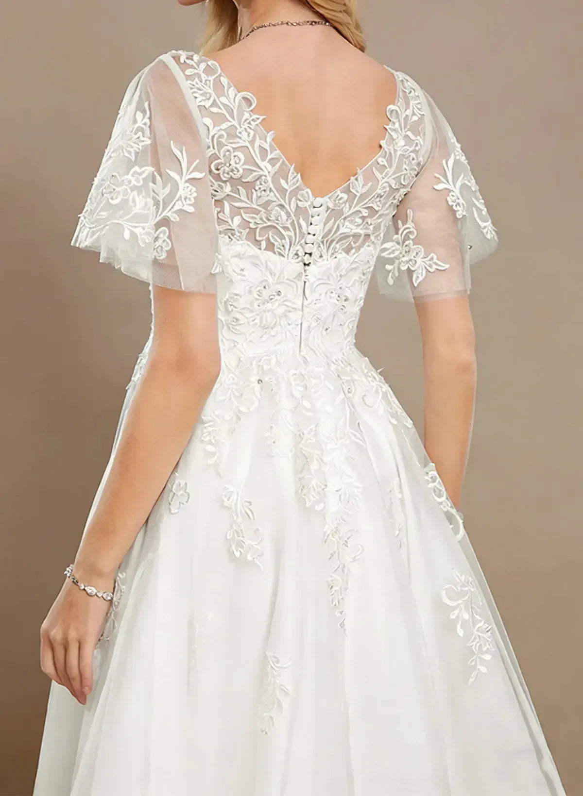 A Line V Neck Short Sleeves Tea Length Satin Wedding Dresses With Appliques Swd13173