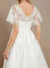 A Line V Neck Short Sleeves Tea Length Satin Wedding Dresses With Appliques Swd13173