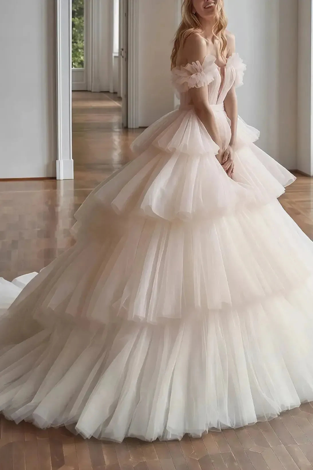 Ball Gown Off The Shoulder Sleeveless Chapel Train Satin Tulle Bride Wedding Dress With Cascading Ruffles Swd13178