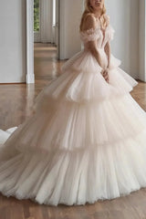 Ball Gown Off The Shoulder Sleeveless Chapel Train Satin Tulle Bride Wedding Dress With Cascading Ruffles Swd13178
