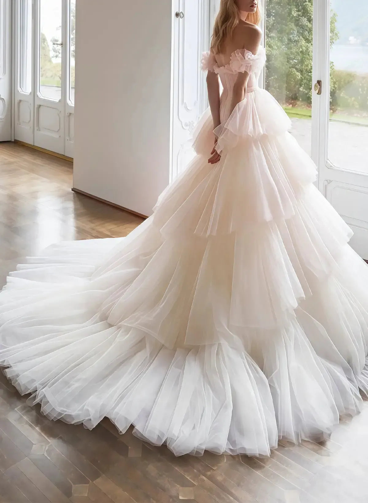 Ball Gown Off The Shoulder Sleeveless Chapel Train Satin Tulle Bride Wedding Dress With Cascading Ruffles Swd13178