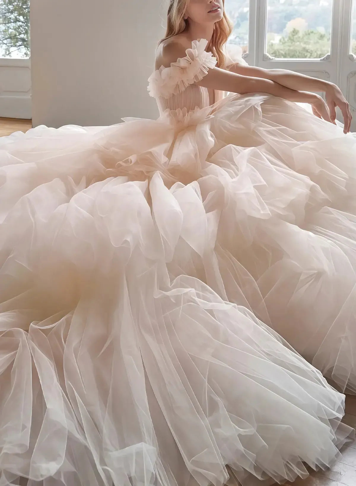 Ball Gown Off The Shoulder Sleeveless Chapel Train Satin Tulle Bride Wedding Dress With Cascading Ruffles Swd13178