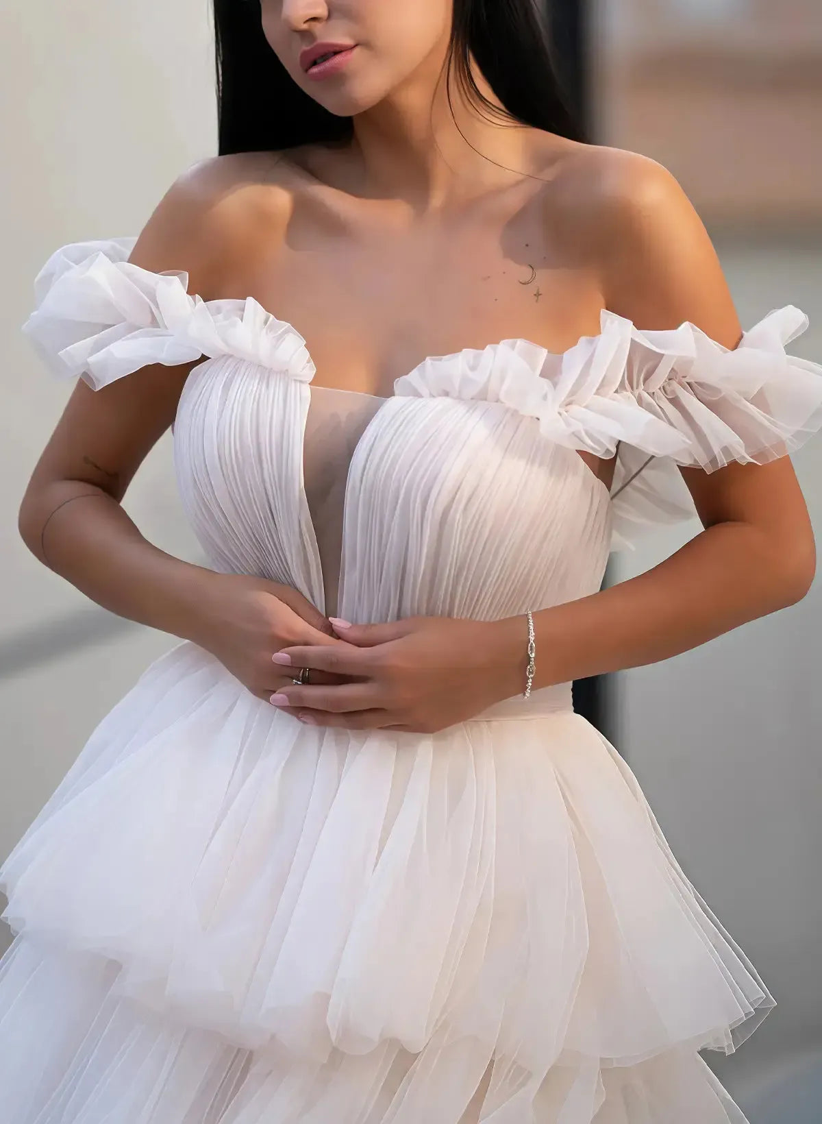 Ball Gown Off The Shoulder Sleeveless Chapel Train Satin Tulle Bride Wedding Dress With Cascading Ruffles Swd13178