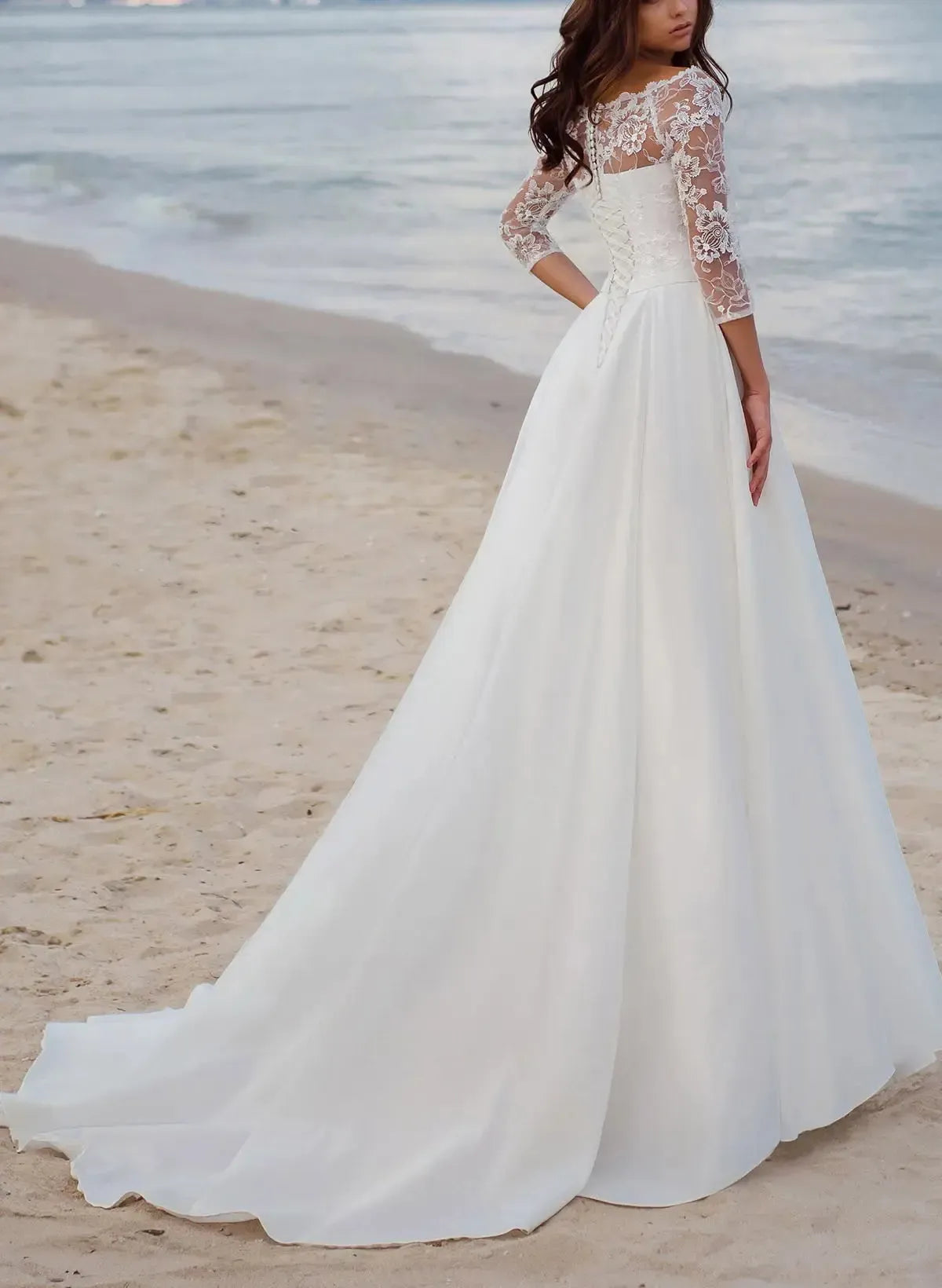 A Line Illusion Neck 3 4 Sleeves Court Train Satin Wedding Dresses With Appliques Lace Swd13123