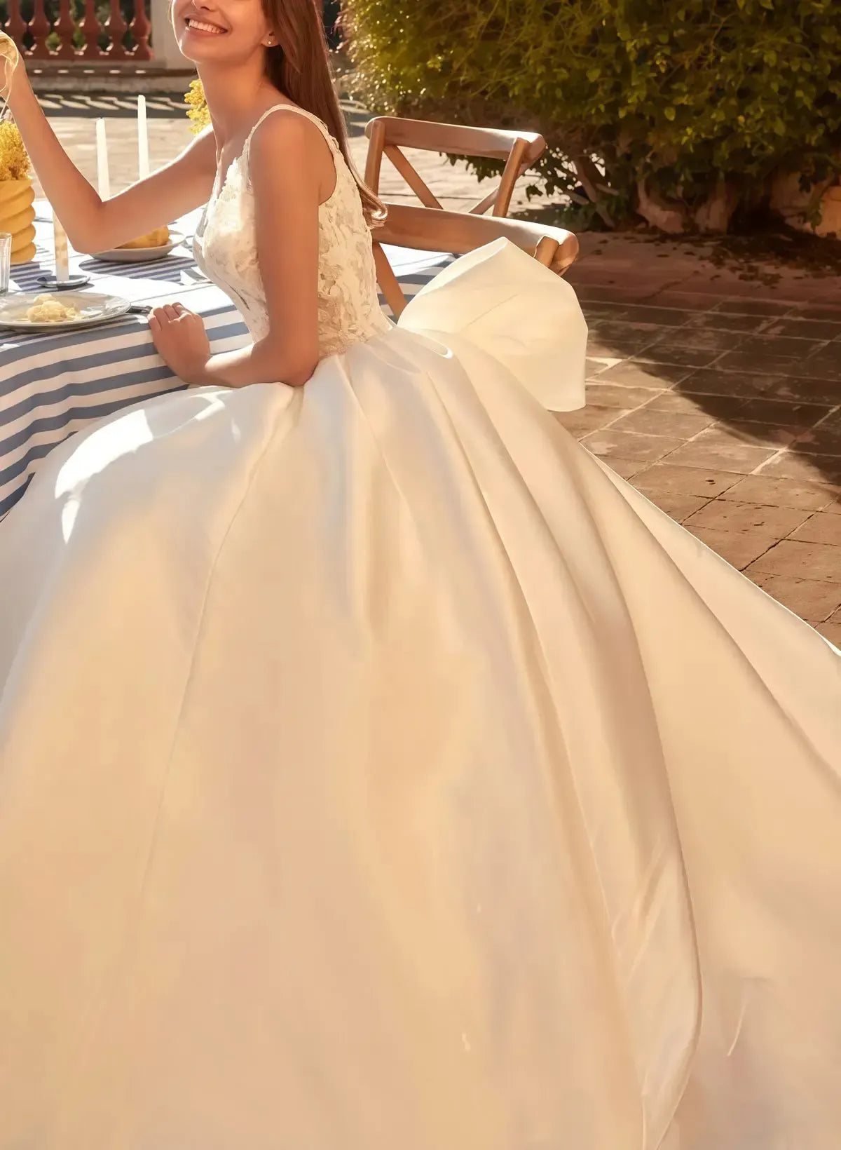 Ball Gown Plunge Neck Sleeveless Court Train Twill Satin Bride Wedding Dress With Bow S Pockets Appliques Swd13180