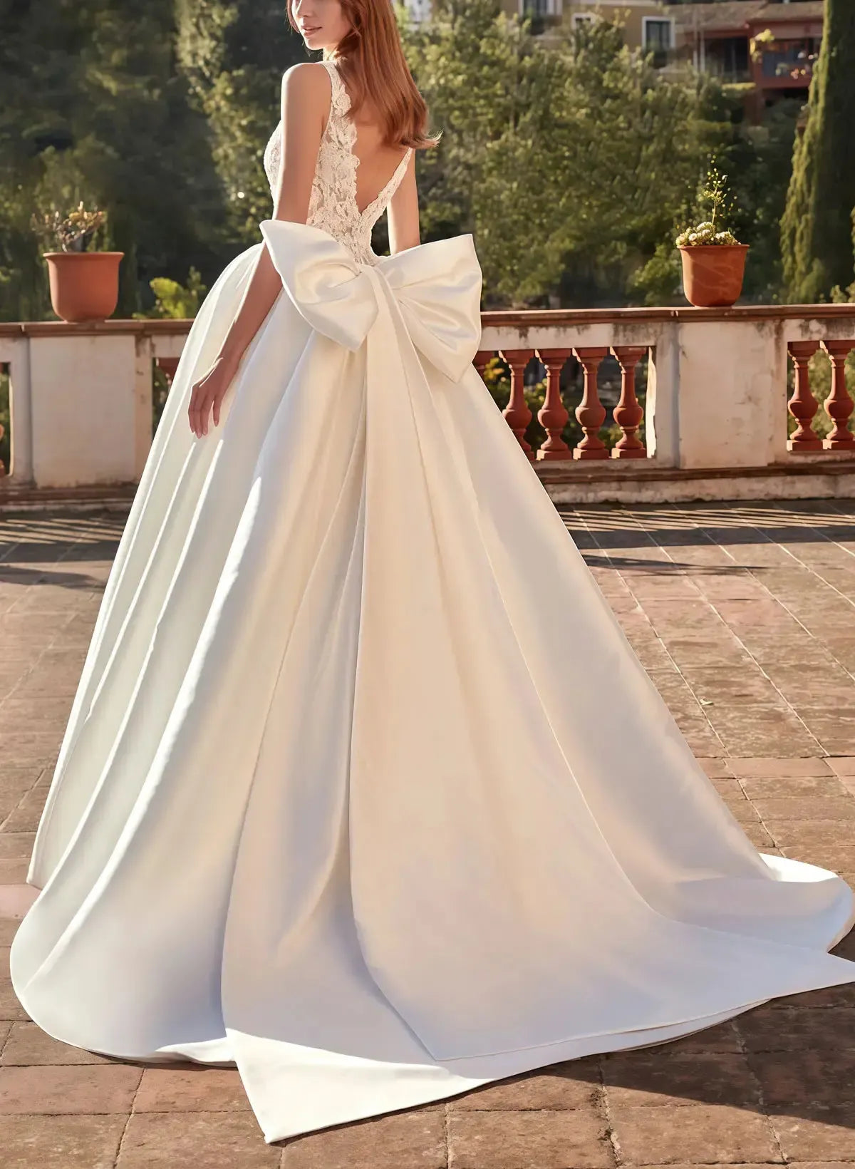 Ball Gown Plunge Neck Sleeveless Court Train Twill Satin Bride Wedding Dress With Bow S Pockets Appliques Swd13180