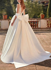 Ball Gown Plunge Neck Sleeveless Court Train Twill Satin Bride Wedding Dress With Bow S Pockets Appliques Swd13180