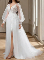 A Line V Neck Long Sleeves Sweep Train Chiffon Lace Wedding Dresses With Split Front Appliques Swd13181