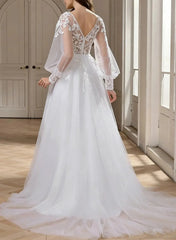 A Line V Neck Long Sleeves Sweep Train Chiffon Lace Wedding Dresses With Split Front Appliques Swd13181