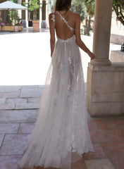 A Line One Shoulder Sleeveless Sweep Train Tulle Bride Wedding Dress With Appliques Lace High Split Swd13182