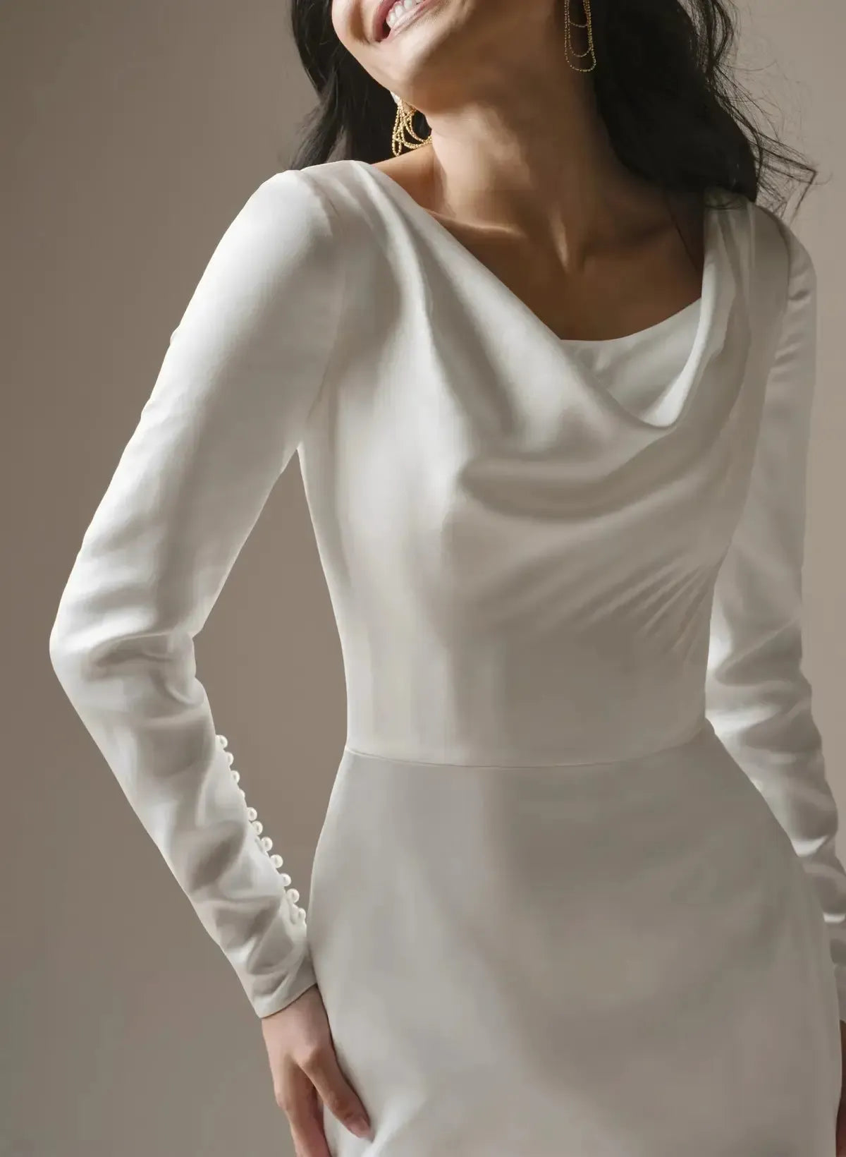 Trumpet Mermaid Scoop Neck Long Sleeves Court Train Crepe Satin Bride Wedding Dress With Beading Swd13184