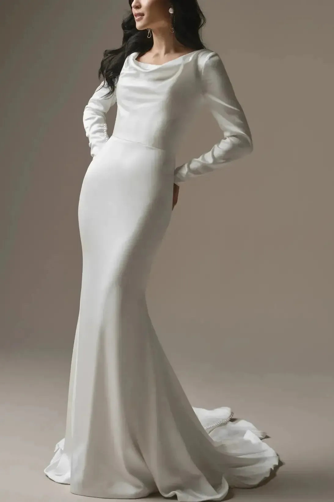 Trumpet Mermaid Scoop Neck Long Sleeves Court Train Crepe Satin Bride Wedding Dress With Beading Swd13184