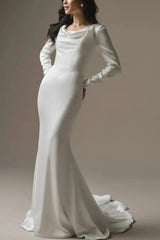 Trumpet Mermaid Scoop Neck Long Sleeves Court Train Crepe Satin Bride Wedding Dress With Beading Swd13184