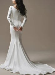 Trumpet Mermaid Scoop Neck Long Sleeves Court Train Crepe Satin Bride Wedding Dress With Beading Swd13184