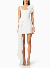 A Line Square Neckline Sleeveless Short Mini Twill Satin Liquid Tulle Bride Wedding Dress With Sweeping Side Drape Swd13185