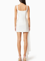 A Line Square Neckline Sleeveless Short Mini Twill Satin Liquid Tulle Bride Wedding Dress With Sweeping Side Drape Swd13185