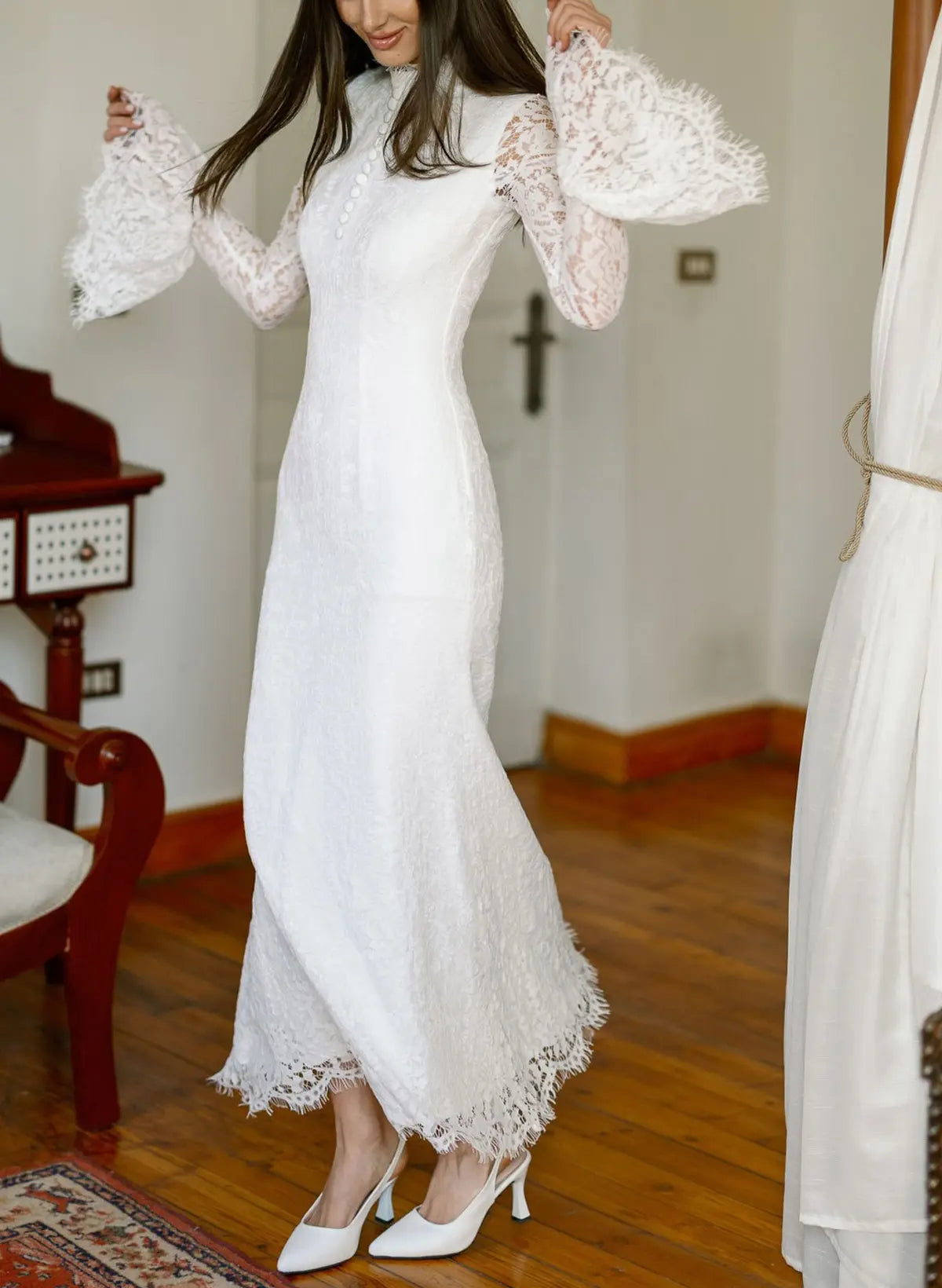 Trumpet Mermaid High Neck Long Sleeves Ankle Length Lace Elastic Satin Bride Wedding Dress With Flower Swd13186