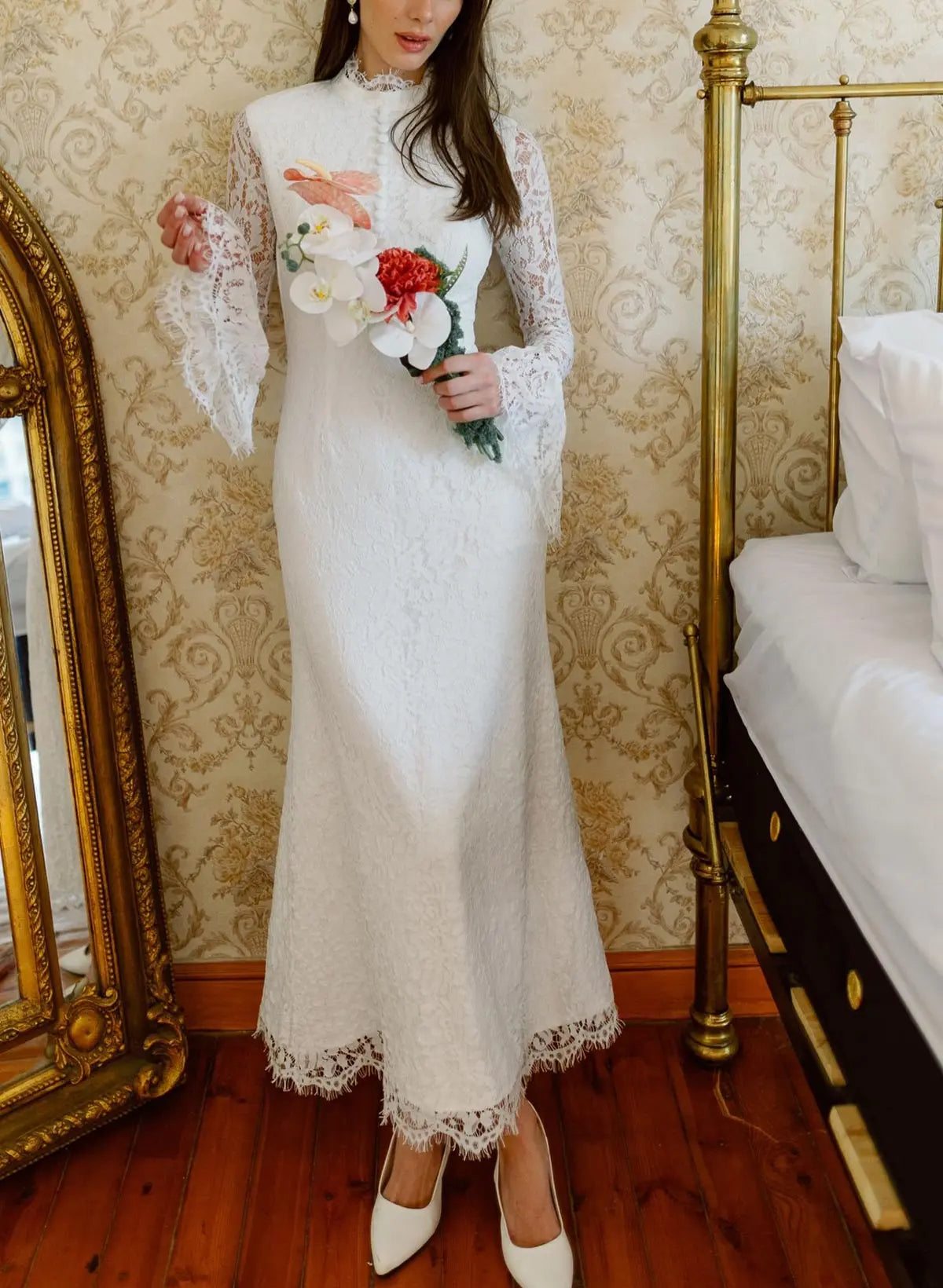 Trumpet Mermaid High Neck Long Sleeves Ankle Length Lace Elastic Satin Bride Wedding Dress With Flower Swd13186