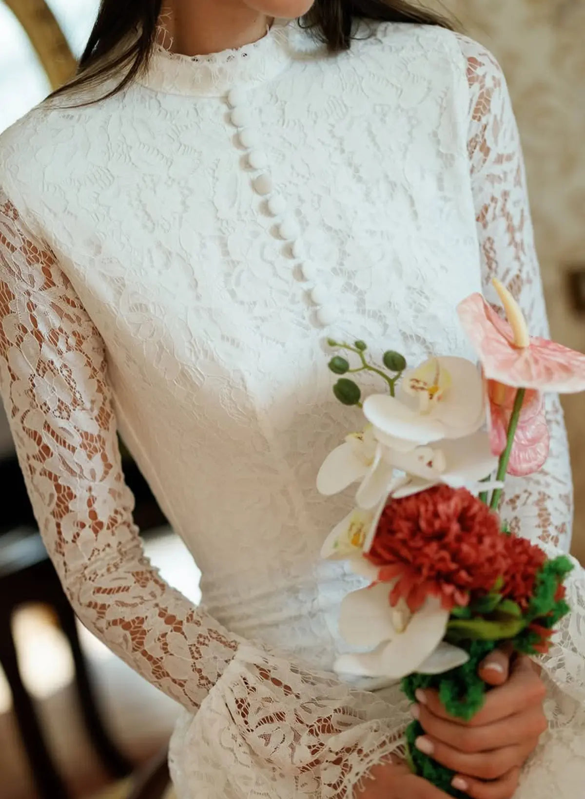 Trumpet Mermaid High Neck Long Sleeves Ankle Length Lace Elastic Satin Bride Wedding Dress With Flower Swd13186