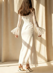 Trumpet Mermaid High Neck Long Sleeves Ankle Length Lace Elastic Satin Bride Wedding Dress With Flower Swd13186