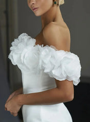 Off The Shoulder Sleeveless Short Mini Organza Matte Satin Bride Wedding Dress With Flower Swd13187