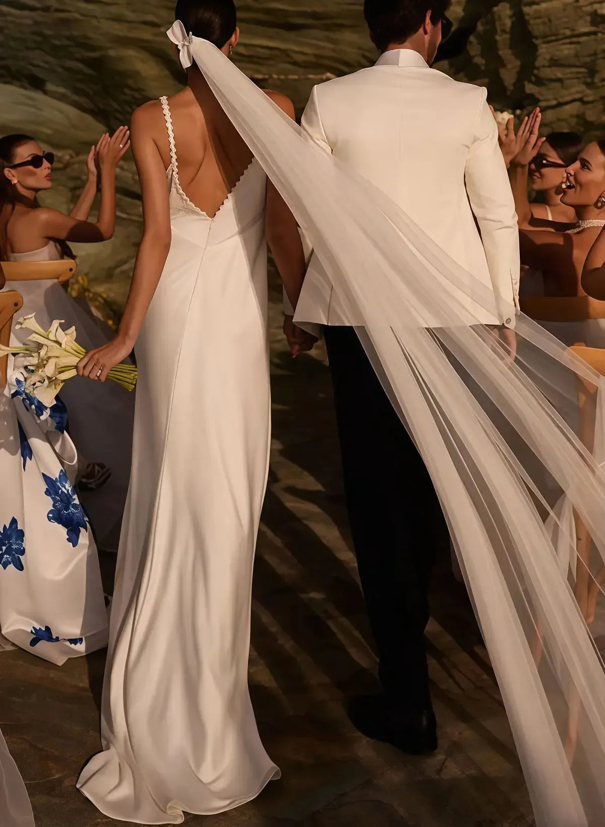 A Line V Neck Sleeveless Open Back Sweep Train Crepe Satin Bride Wedding Dress Swd13191