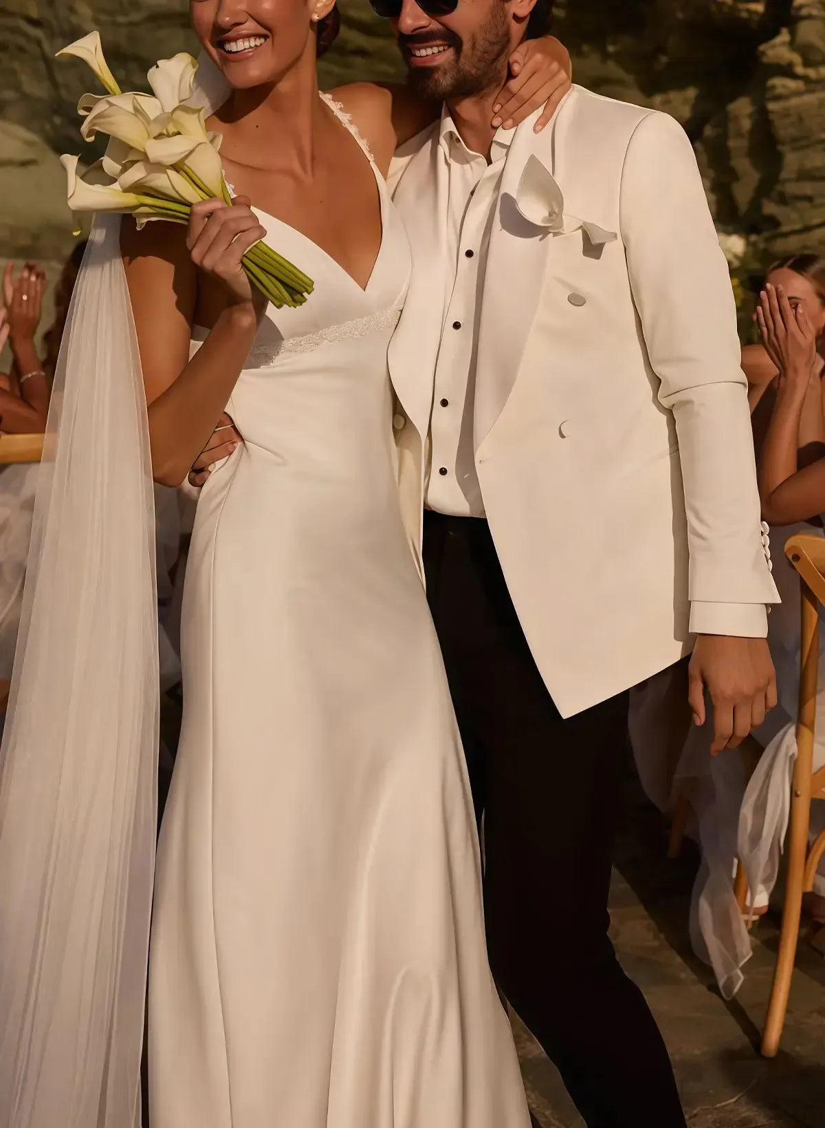 A Line V Neck Sleeveless Open Back Sweep Train Crepe Satin Bride Wedding Dress Swd13191