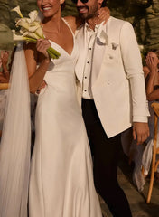 A Line V Neck Sleeveless Open Back Sweep Train Crepe Satin Bride Wedding Dress Swd13191