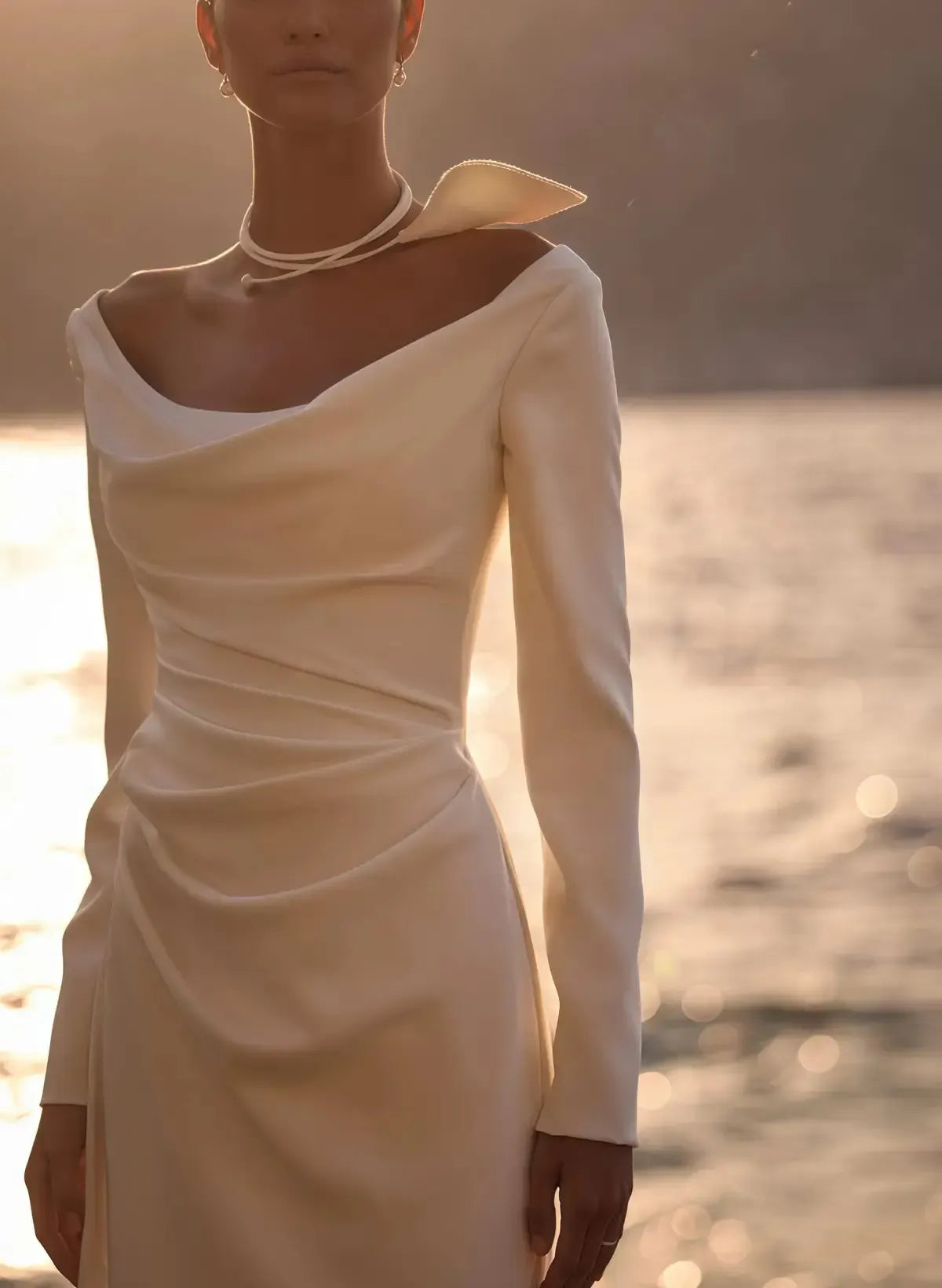 A Line Off The Shoulder Long Sleeves Sweep Train Elastic Satin Bride Wedding Dress Swd13197