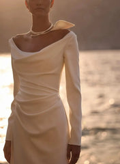 A Line Off The Shoulder Long Sleeves Sweep Train Elastic Satin Bride Wedding Dress Swd13197