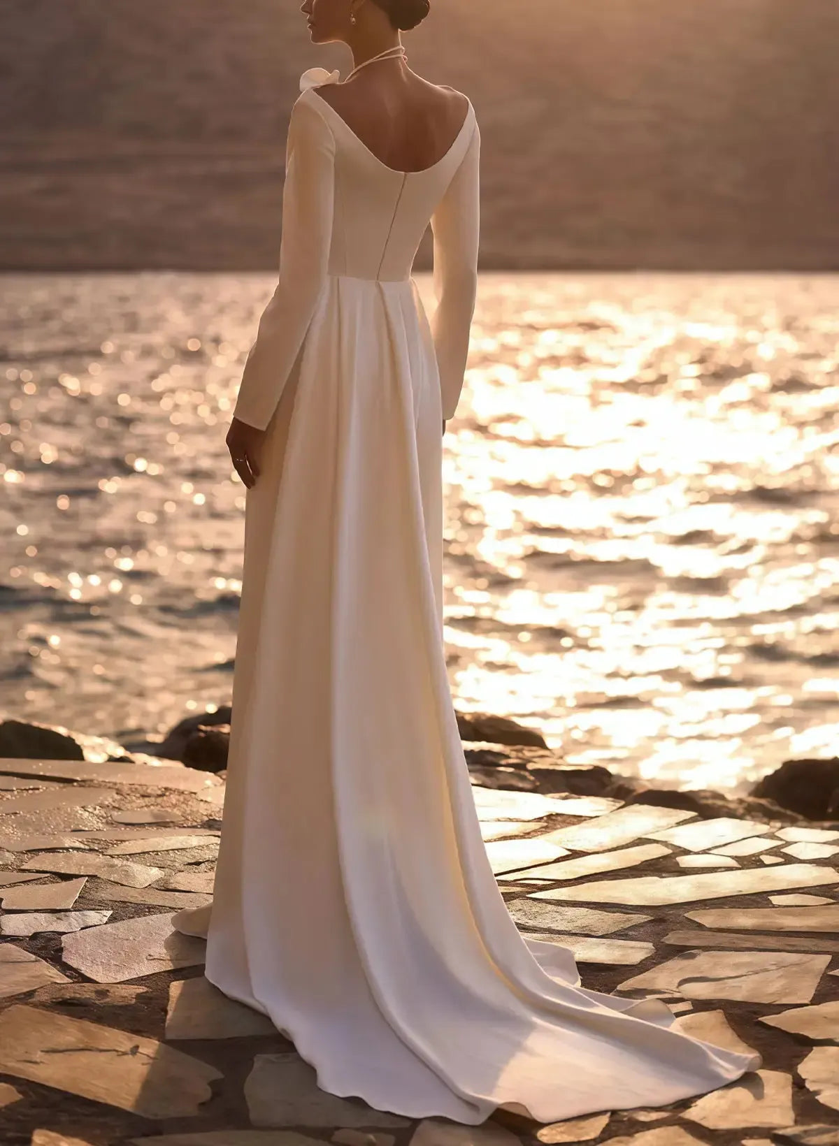 A Line Off The Shoulder Long Sleeves Sweep Train Elastic Satin Bride Wedding Dress Swd13197