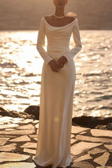 A Line Off The Shoulder Long Sleeves Sweep Train Elastic Satin Bride Wedding Dress Swd13197