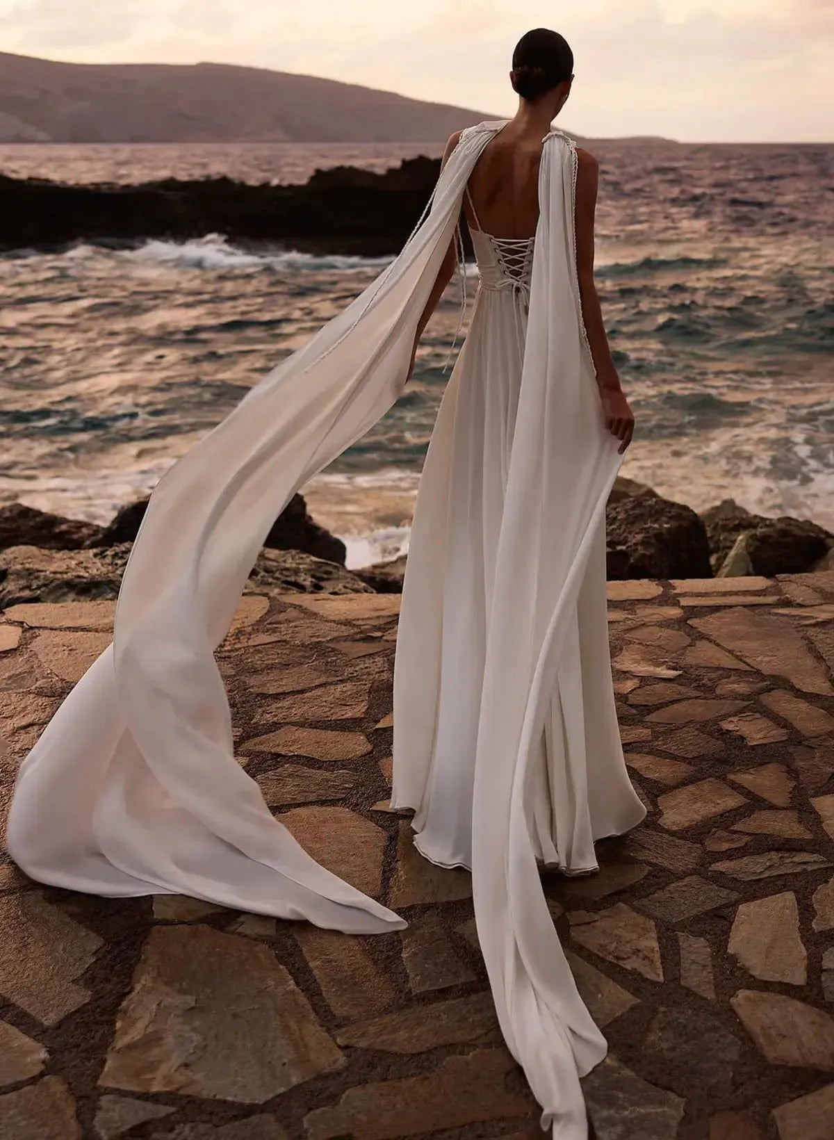A Line Cowl Neck Sleeveless Floor Length Stretch Satin Bride Wedding Dress With Pockets Detachable Shawl Swd13198