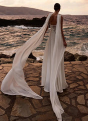 A Line Cowl Neck Sleeveless Floor Length Stretch Satin Bride Wedding Dress With Pockets Detachable Shawl Swd13198
