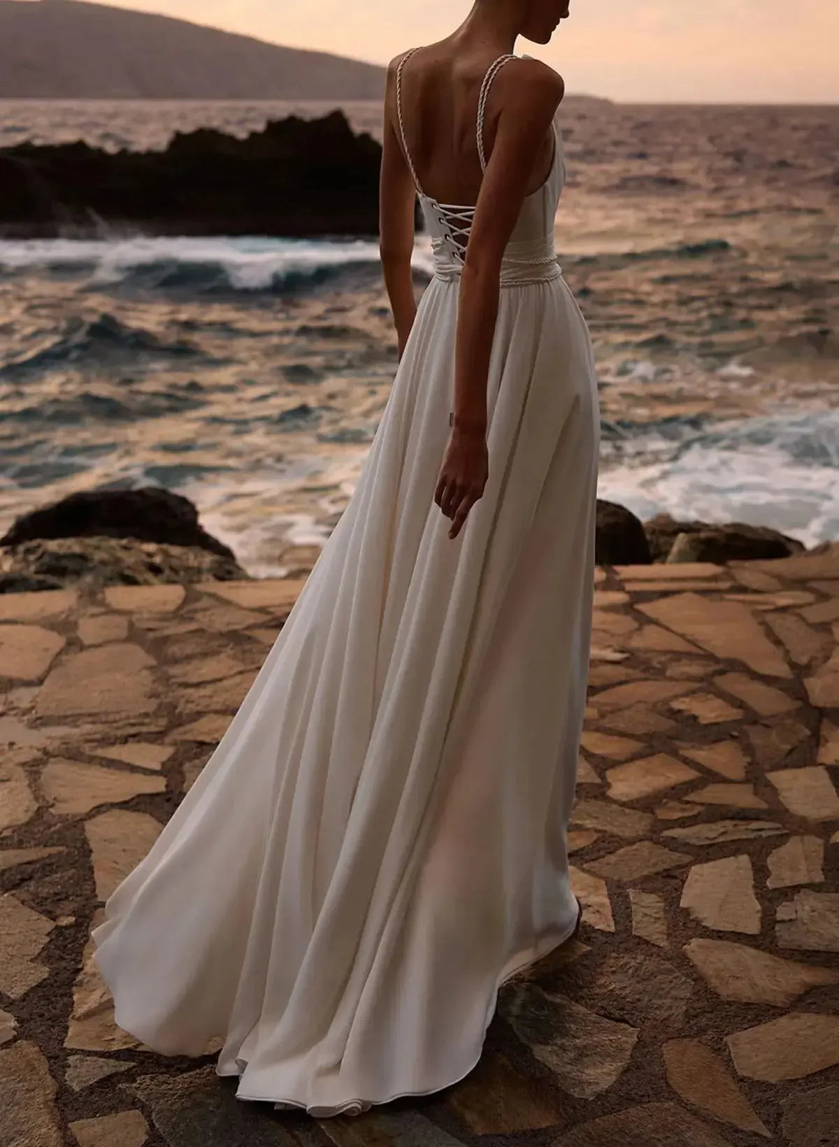 A Line Cowl Neck Sleeveless Floor Length Stretch Satin Bride Wedding Dress With Pockets Detachable Shawl Swd13198