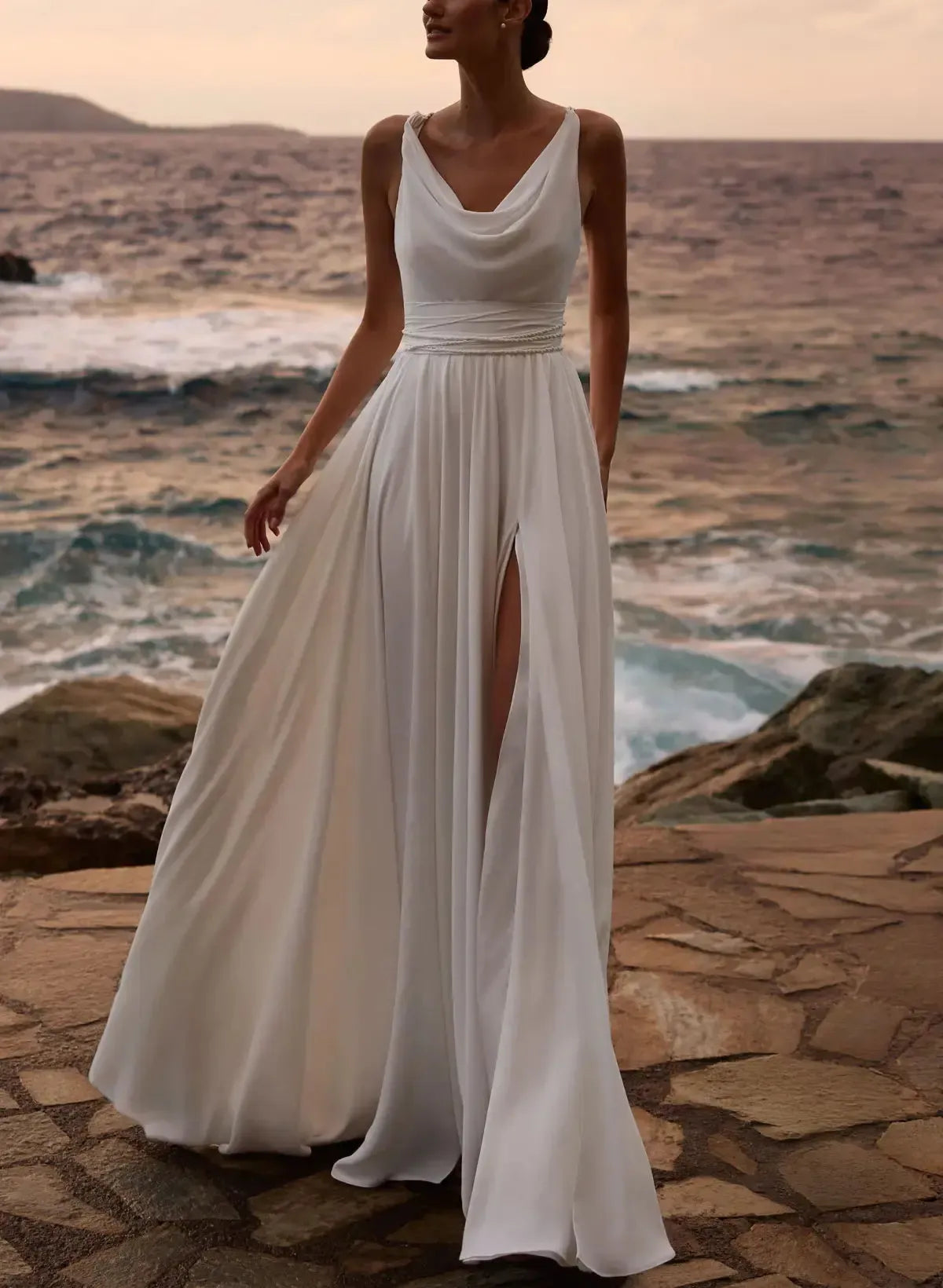 A Line Cowl Neck Sleeveless Floor Length Stretch Satin Bride Wedding Dress With Pockets Detachable Shawl Swd13198