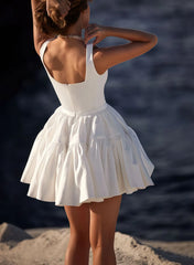 A Line Square Neckline Sleeveless Short Mini Matte Satin Bride Wedding Dress Swd13199