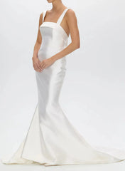 Trumpet Mermaid Scoop Neck Sleeveless Twill Satin Bride Wedding Dress With Detachable Bow Train Swd13201