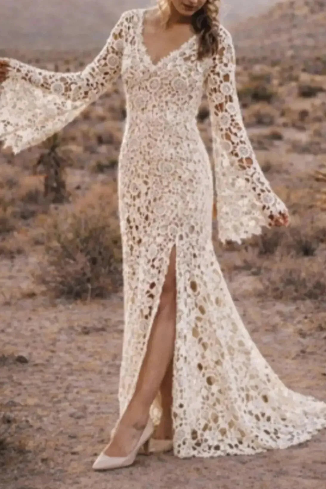 Trumpet Mermaid V Neck Long Sleeves Sweep Train Lace Wedding Dresses With Split Front Swd13202