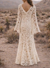 Trumpet Mermaid V Neck Long Sleeves Sweep Train Lace Wedding Dresses With Split Front Swd13202
