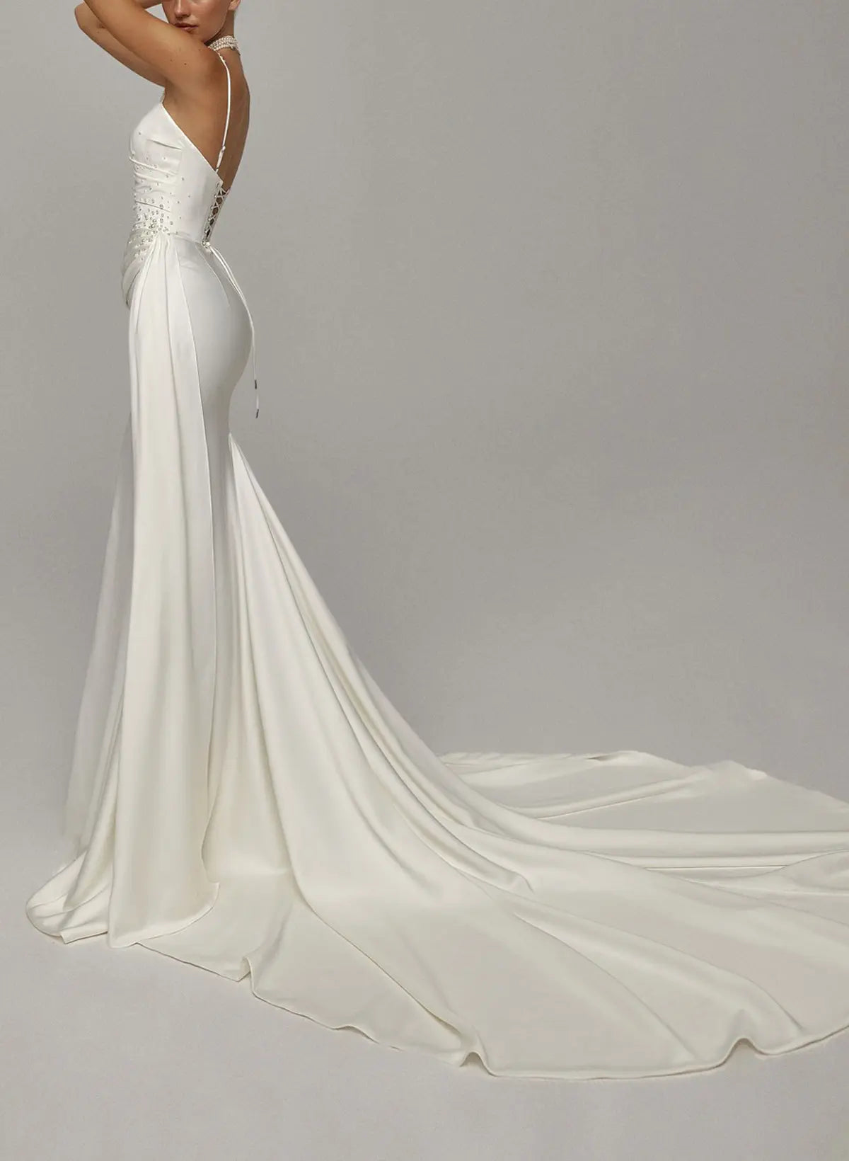 Trumpet Mermaid Sweetheart Sleeveless Chapel Train Crepe Satin Bride Wedding Dress With Beading Swd13206
