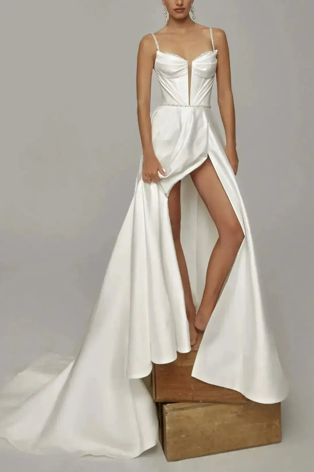 A Line Sweetheart Sleeveless Chapel Train Satin Bride Wedding Dress With Pockets Swd13209