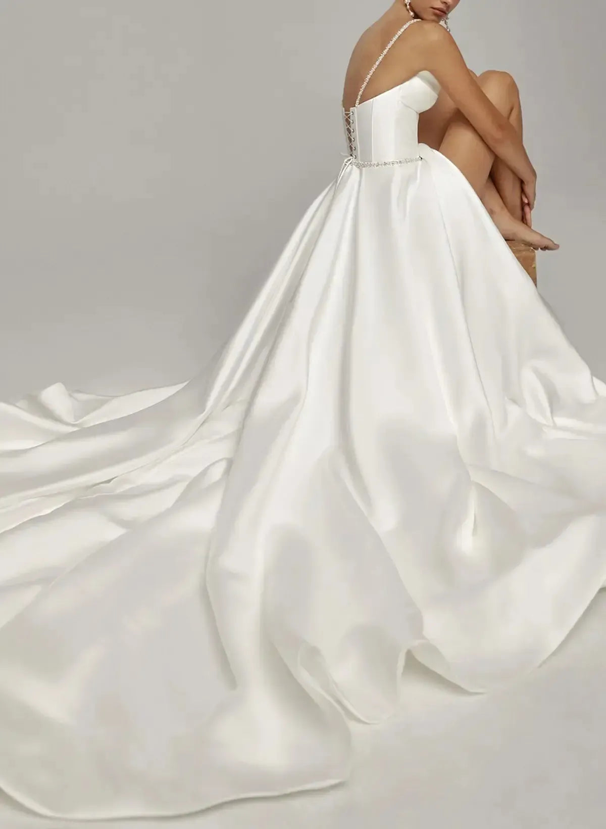 A Line Sweetheart Sleeveless Chapel Train Satin Bride Wedding Dress With Pockets Swd13209