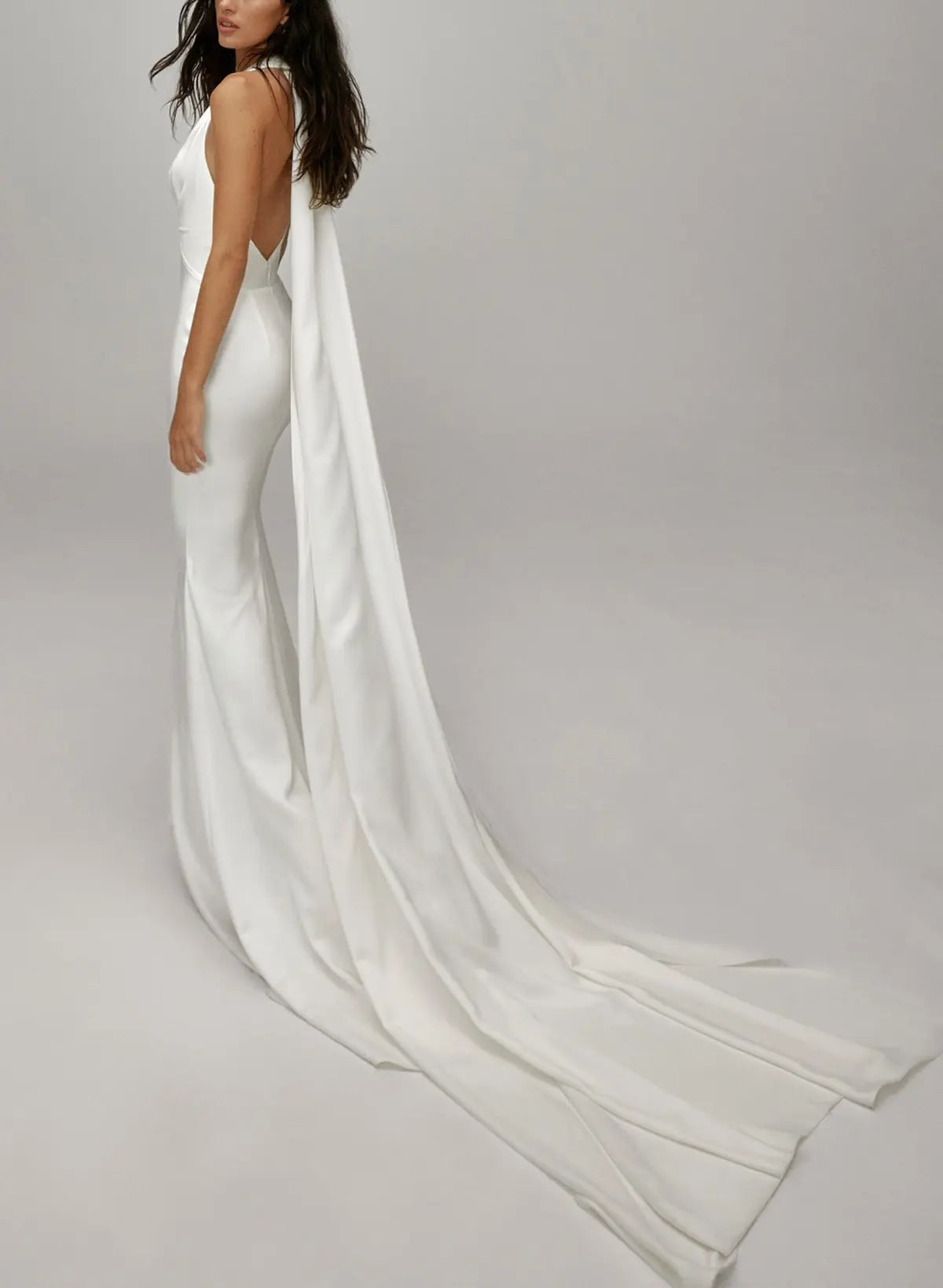 Trumpet Mermaid Halter Plunge Neck Sleeveless Detachable Trail Matte Satin Bride Wedding Dress Swd13211