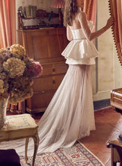 A Line High Neck Long Sleeves Court Train Satin Bride Wedding Dress With Beading Swd13213