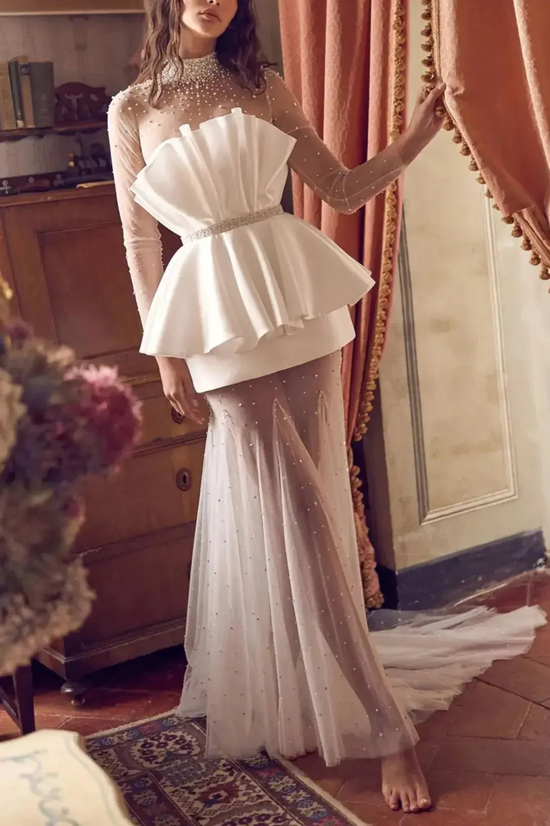 A Line High Neck Long Sleeves Court Train Satin Bride Wedding Dress With Beading Swd13213