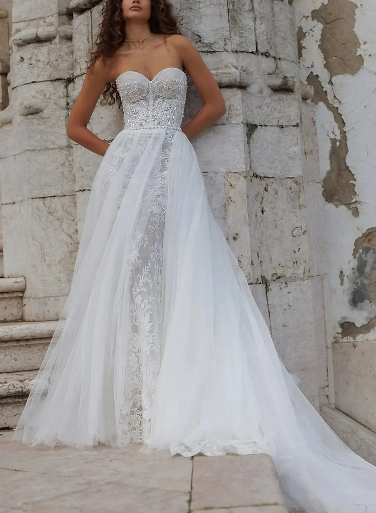 A Line Sweetheart Sleeveless Chapel Train Lace Tulle Bride Wedding Dress With Beading Flower S Swd13214